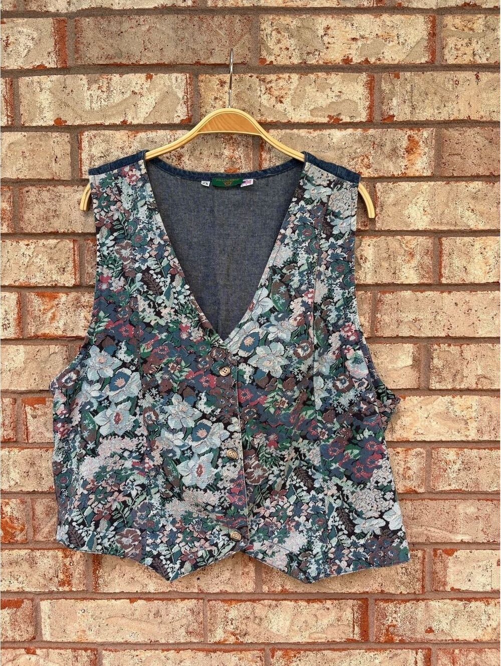 Vintage Willowbend Tapestry Floral Vest 2X Made in USA Cottagecore Denim Trim